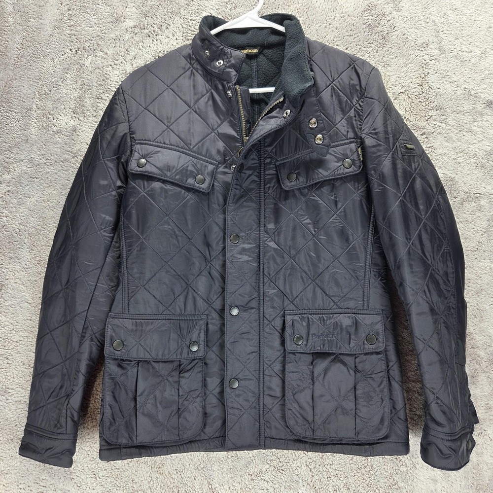 Barbour International Jacket Mens Small Black Quilted Fleece Lined Full Zip